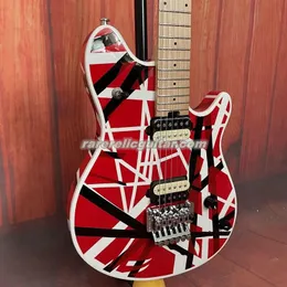 Süper nadir Edward Van Halen Franken Tasarım Siyah Beyaz Stripes Kırmızı Çete Elektrikli Gitar Floyd Rose Tremolo Köprüsü Akçaağaç Klavye Noktası Kilitli Somun