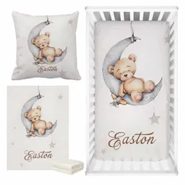 Lvyziho Sleeping Bear Custom Name Crib Sheet Set Sleeping Bear Sleep On Moon Crib Bedbling Set Baby Shower Gift Bedding Set 240226