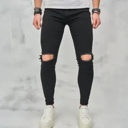 Stylish Hip Hop Men Knee Ripped Skinny Pencil Jeans High street Male Holes Denim Pants For Trousers 240227