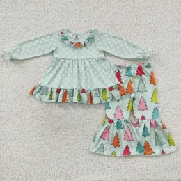 Kleidungssets Großhandel Kleinkind Kinder Lange Ärmel Grüne Punkte Rüschen Tunika Tops Kinder Outfit Baby Mädchen Baum Bell-Bottom-Hose Weihnachten