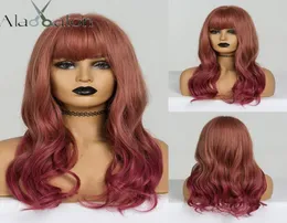 ALAN EATON Ombre Brown Red Wig Long Wavy synthetic Wigs with Bangs for Black Women Heat Resistant Wig Lolita Cosplay6446257