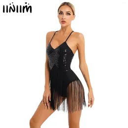 Stage Wear Womens Glitter Sequins Fringed Bodysuit V Neck Adjustable Straps Tassel Leotard Dance Performance Costume