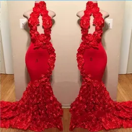 Red Rose Mermaid Prom Dresses New Sexy High Neck Applicants Formella aftonklänningar Sop Train Cocktail Party Gowns S239A