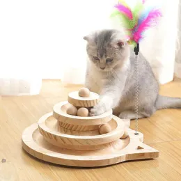 Wooden 2/3 Levels Pet cat Toy Tower Tracks Disc cat Intelligence Amusement Triple Play Disc Cat toys ball Training Toys 240227