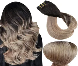 Highlights Clip in Human Hair Extensions Balayage color 1b natural black fading to 18 Ash Blonde Ombre Clips on Extension 120g88221426