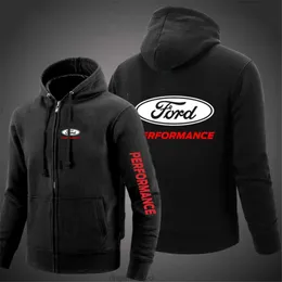 2024 Spring Autumn Mens Ford Performance Print Populära fast färg Långärmad utomhus Cardigan Zip Trendy Hooded Hoodies