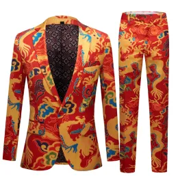 دعاوى جديدة على الطراز الصيني Red Dragon Print Suit Men Stage Singer Wear 2 قطعتين ضئيل ناعم في حفل زفاف Tuxedo Ball Party