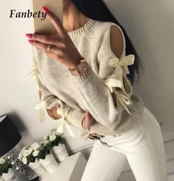 Fanhety Women Hollow Out Bowknot stickad tröja Lady Casual O Neck Long Sleeve Pull Jumper Femme Winter Hiver Ribbed Pullovers1210843