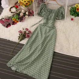 Elbise fransız şık yaz elbise vneck nokta baskı dantel elbise y2k dişi puf kolu aline uzun vestidos kadın kıyafetleri damla gemisi