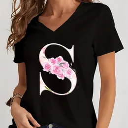 Tops mit V-Ausschnitt 26 Sakura Alphabet Kurzarm-T-Shirt Loses süßes Damen-Kirschblüten-Buchstaben-Shirt Ästhetische Mode Y2k-T-Shirt 240228