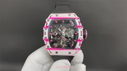 2024 Herrklocka RM38-02 Tourbillon Movement Sapphire Crystal Glass Mirror Natural Rubber Strap Pink Carbon Fiber Case