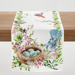 Table Cloth Easter Spring Floral Leaf Bird Egg Summer Farmhouse Seasonal Linen Runners For Kitchen Dinning Holiday Party Decor