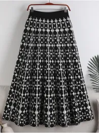 Vestidos tigena vintage impressão geométrica de malha maxi saia feminina 2022 outono inverno quente uma linha cintura alta plissado saia longa feminino senhoras