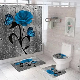 Blue Flower Butterfly Bathroom Non-slip Mat Set Durable Waterproof Shower Curtain Pedestal Rug Lid Toilet Cover Bath Mat Rugs 21072508