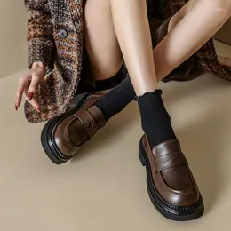 Dress Shoes Solid Platform Penny Loafers Womens Split Cow Leather Pumps Round Toe 2024 Slip On Chunky Sole Ladies Casual Handmade