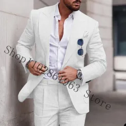 Suits 2023 White Linen Suits For Men Slim Fit Peak Lapel 2 Pieces Best Men Groom Wear Wedding Tuxedos Blazer+Pants Trajes De Hombre