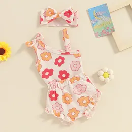 Kleidungssets Boho Baby Mädchen Sommerkleidung Born Waffelstrick ärmellos Blumenstrampler Rüschenbesatz Shorts Stirnband Outfit