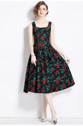 Vestidos casuais moda pista jacquard flor midi vestido primavera verão mulheres o-pescoço sem mangas cinto escritório senhora trabalho desgaste vestidos 2024