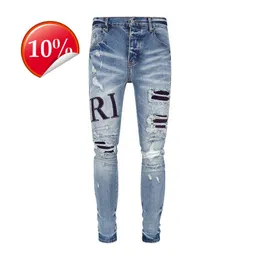 Designer Stack Jeans European Purple Jean Men Embroidery Quilting Ripped for Trend Brand Vintage Pant Mens Fold Slim Skinny Fashion747 PP O