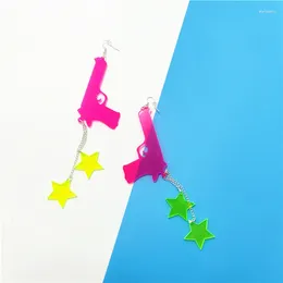 Dangle Earrings 17cm/6.69'' Long Tassel Drop For Women Gun And Stars Silver Color Link Chain Pink Green Hiphop Rock Acrylic Jewelry