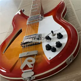 Raro 381 12 corde Fire Glo Cherry Sunburst Arched Flame Acero Top Back Chitarra elettrica Semi Hollow Body Scacchiera Binding Sandwich Neck Perla Triangolo Intarsio