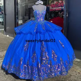 2021 VESTIDOS DE 15 A OS BALL PROM GOUNSS SPAGHETTI STAPSロイヤルブルースパンコールQuinceanera Party Gowns Sweet 16 Dress232r