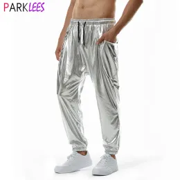 Hosen Herren Silber Metallic Shiny Jogger Jogginghose Casual Pocket Cargo Hosen Männer Hip Hop Tanz Disco Hosen Party Abschlussball Streetwear