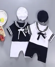 Baby boy girl cotton outfit sailor navy style hatromper short sleeve 2pcs set jumpsuit infantil summer birthday clothes 3612M 26139408