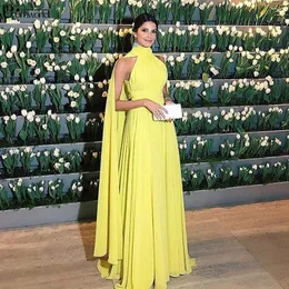 Dubai Formal Dress Kobiety Elegancki szyfonowy Ruched High Neck Cape Yellow Evening Sukienka 2021 Vestido Longo Festa237a