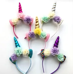 Glitter Metallic Unicorn Headband Girls Chiffon Flowers Hairband For Kids leaf flower Unicorn Horn Party Hair Accessories5935555