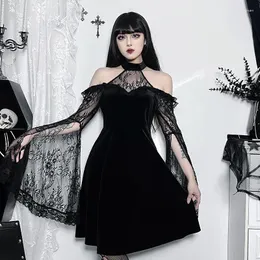 Vestidos casuais fairycore grunge vintage vestido de veludo mulheres goth harajuku streetwear renda retalhos manga alta cintura festa