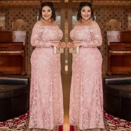 Light Pink Plus Size Lace Prom Dresses Sheer Jewel Neck Long Sleeves Evening Gown Sequined Column Floor Length Formal Dress Abiti 259C