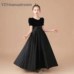 Yzymanualroom elegante highend veludo cetim preto vestido de concerto plissado júnior meninas pageant vestido de princesa longo flor menina dres 240306
