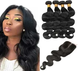 Mink Brazilian Body Wave Wild and Provy Hair 4 حزم مع إغلاق الدانتيل شعر البكر البشري غير المجبر الطبيعي أسود الشعر الرخيص Exte9192341