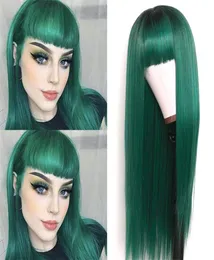 Lång silkeslen rak syntetisk ersättning hår peruk grön ombre siden bas peruk full snygga lugg värmebeständiga ingen spetsar wigs mode8189053