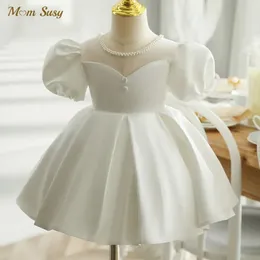 Baby Girl Princess Pearl Neck Dress Puff Sleeve Infant Toddler Child Vintage Vestido Party Pageant Birthday Baptism Frocks 1-12Y 240226