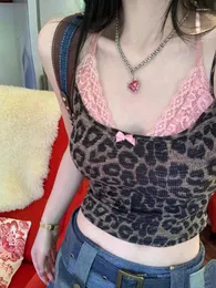 Tanques femininos korobov falso duas peças y2k topos renda emenda leopardo-estampa halter tanque mulher magro colete moda ropa de mujer