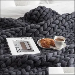 Hand Knitted Chunky Blanket Thick Yarn Weighted Wool Bky Knitting Throw Warm Winter Home Sofa Bed Throws Blankets Drop Delivery 20282p