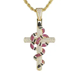 18k Gold Plated Ed Coral Snake Cross Pendant in White Gold Iced Out Zircon Bling Hip Hop Jewelry Gift2326