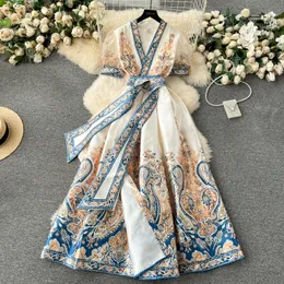 Casual Dresses 2024 Summer Semester Flower Long Dress Women Cross V-Neck kort ärm Retro Paisley Print Lace Up Maxi Robes Vestidos