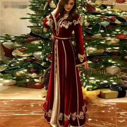 new Burgundy Moroccan Kaftan Velour Prom Dresses ruched Long Sleeves Muslim Evening Gowns Gold Appliques Lace Dubai Women Dress