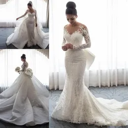 2021 Luxury Mermaid Wedding Dresses Sheer Neck Long Sleeves Illusion Full Lace Applique Bow Overskirts Back Chapel Train BR258P