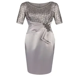 Half Sleeves V Neck Sequins Light Silver Gray Knee Length Mother of the Bride Dresses for Wedding Party Mother of the groom Dresse2310