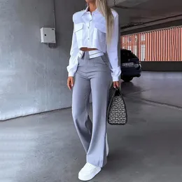 2024 fall spring Women Two Piece Set Office Simple Solid Lapel Long Sleeve white Shirt Top gray Pants blazer elegant Y2K 240301