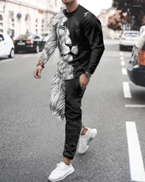 Men's Tracksuits Two-piece Casual Round Neck Long Sleeved T-shirt And Drawstring Sports Pants With Different Pupil Lion Print Set S-2XL