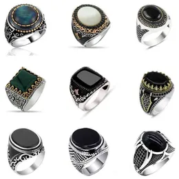 30 Styles Vintage Handmade Turkish Signet Ring for Men Women Ancient Silver Color Black Onyx Stone Punk Rings Religious Jewelry237Y