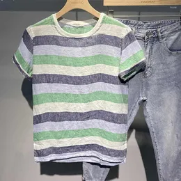 Erkek tişörtleri sıkıntılı çizgili büyük boy 2xl gömlek Kore tarzı o boyun kısa kollu yaz harajuku moda viintage düzensiz 2024 trend