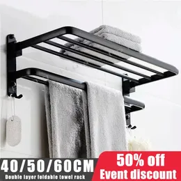 405060CM Double Layer Towel Rack Black Non Drilling Movable Wall Mounted Bracket Aluminum Shower Bathroom Accessories 240304