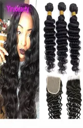 Brazylijskie przedłużenia Virgin Hair Extensons Deep Wave 55 Zamknięcie z 3 wiązkami 4piece Lot 5x5 Zamknięcie z trzema wiązkami głębokimi kręconymi natura3289019