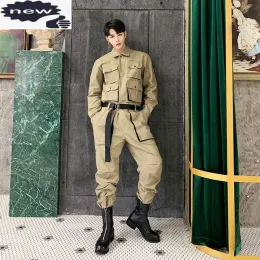 바지는 패션 패션 군사 스타일 남성 원 조각 jumpsuit 벨트 군대 녹색 멀티 포켓 바지 캐주얼 힙합 느슨한 핏 카고 바지